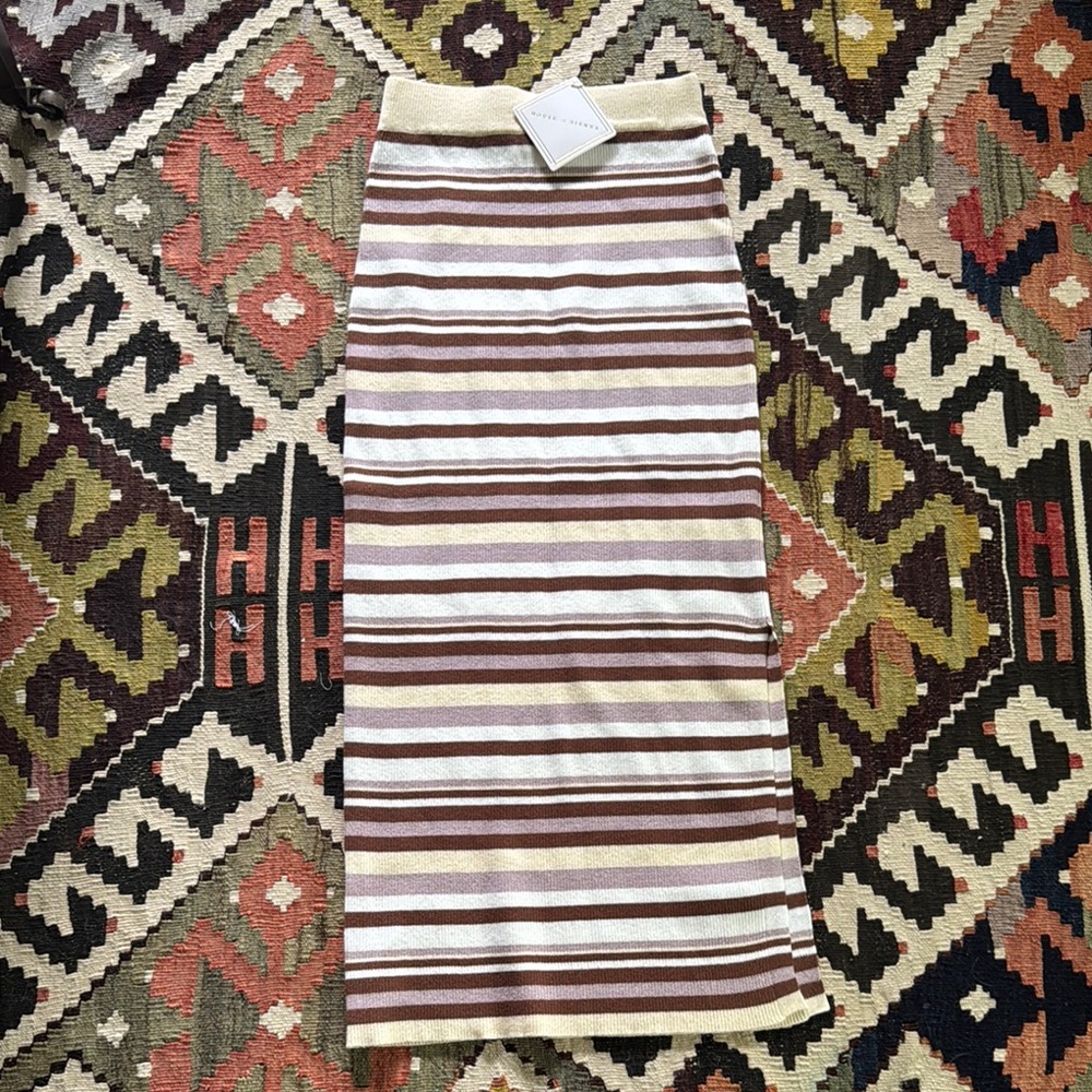 House of Sienna Torrin Striped Knit Midi Pencil Skirt in Cream,Brown & Taupe